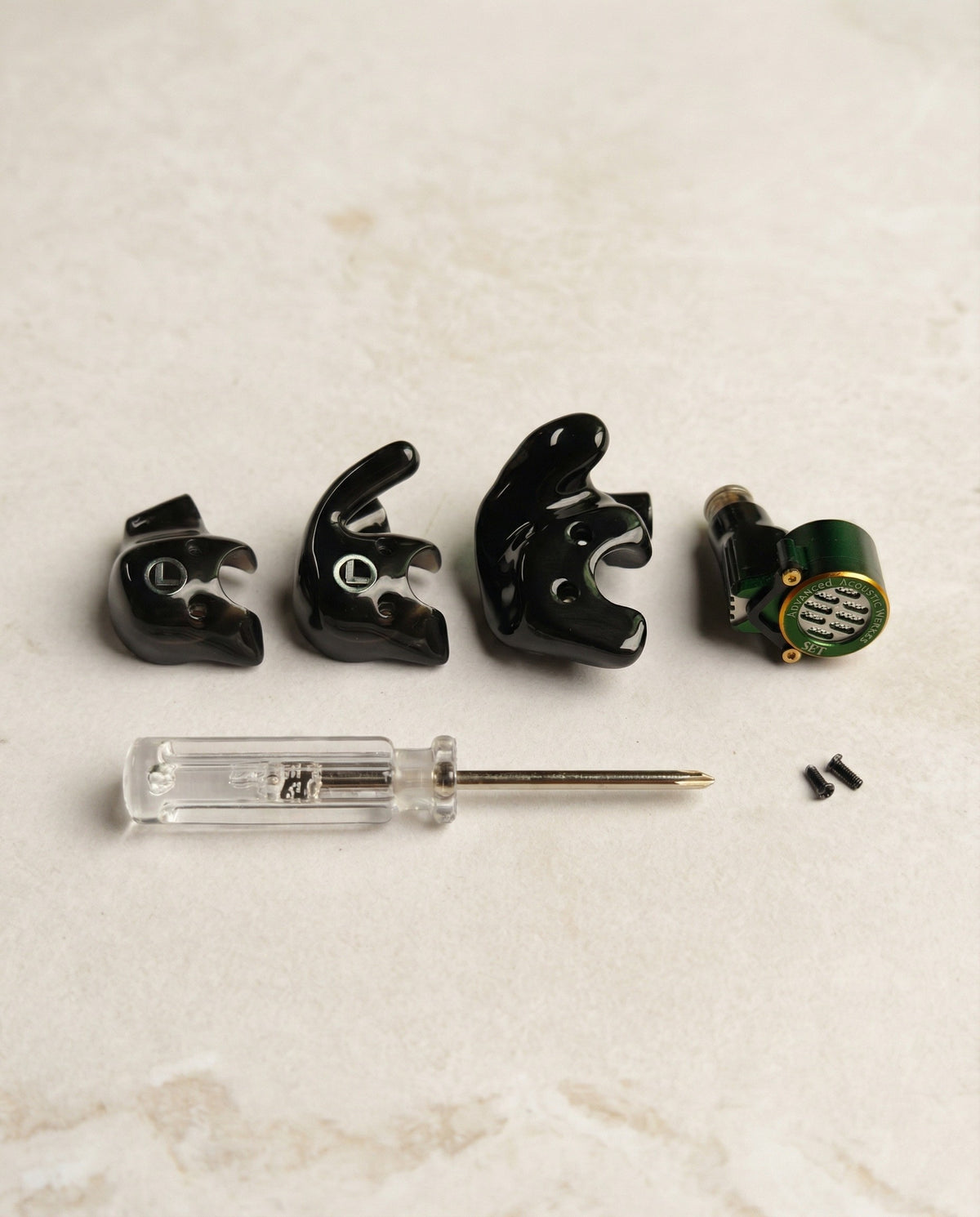 AAW Z07 FitMorph interchangeable fit options, tuning body, screwdriver, and screws