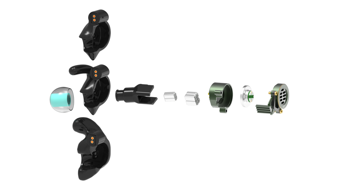 AAW Z07 exploded view showing FitMorph fit options, ear tip, precision aluminium body, balanced armatures, and tubeless faceplate assembly