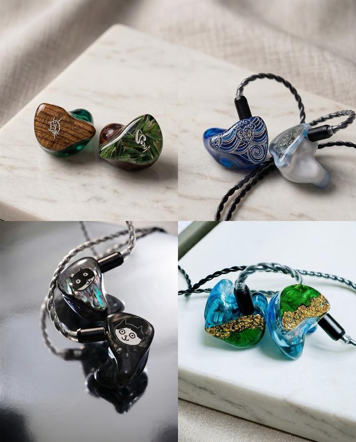 Group of AAW custom in-ear monitor shells in different colourways