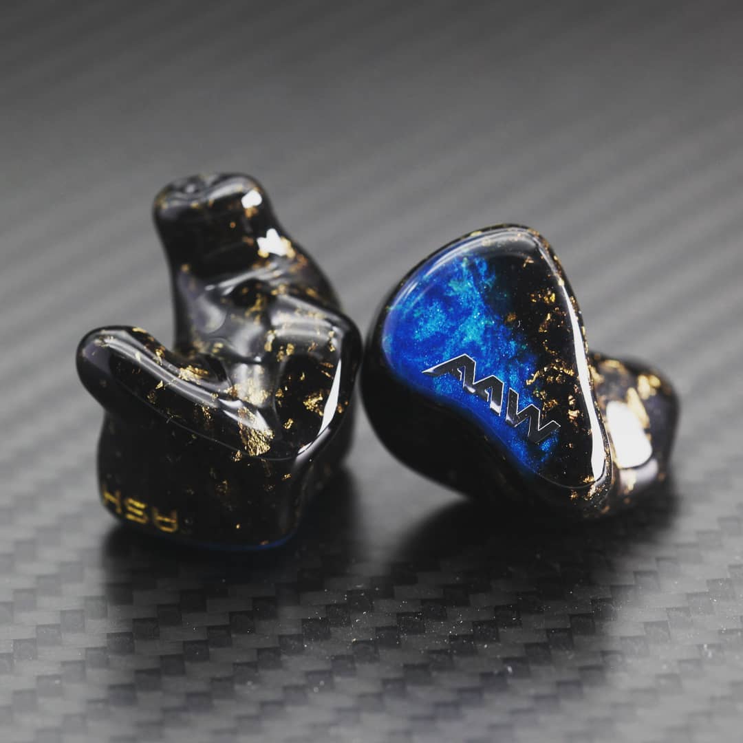AAW ASH custom in-ear monitors with blue metallic and gold flake faceplate