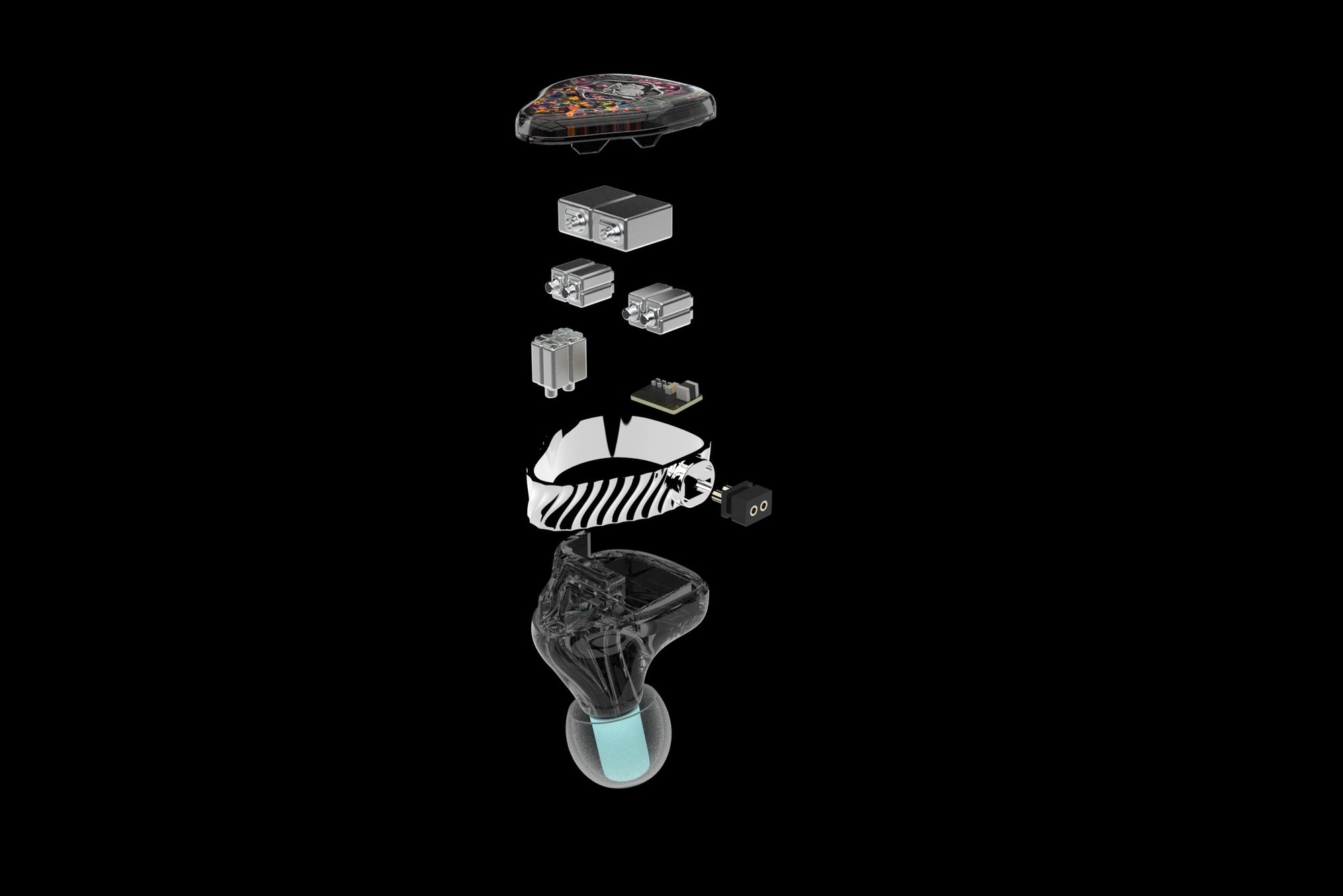 Exploded Black Malus construction view showing the opal faceplate, balanced armature drivers, acoustic structure, shell, and nozzle