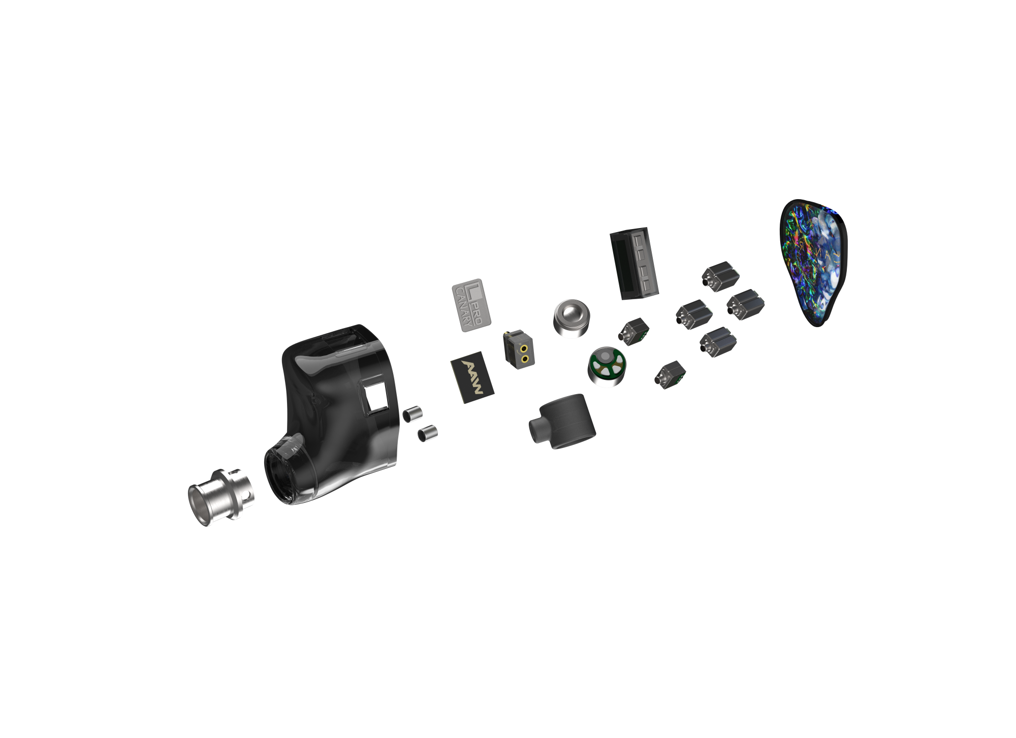 Exploded Canary Pro construction render showing driver modules, printed chamber, shell, faceplate, socket, and nozzle