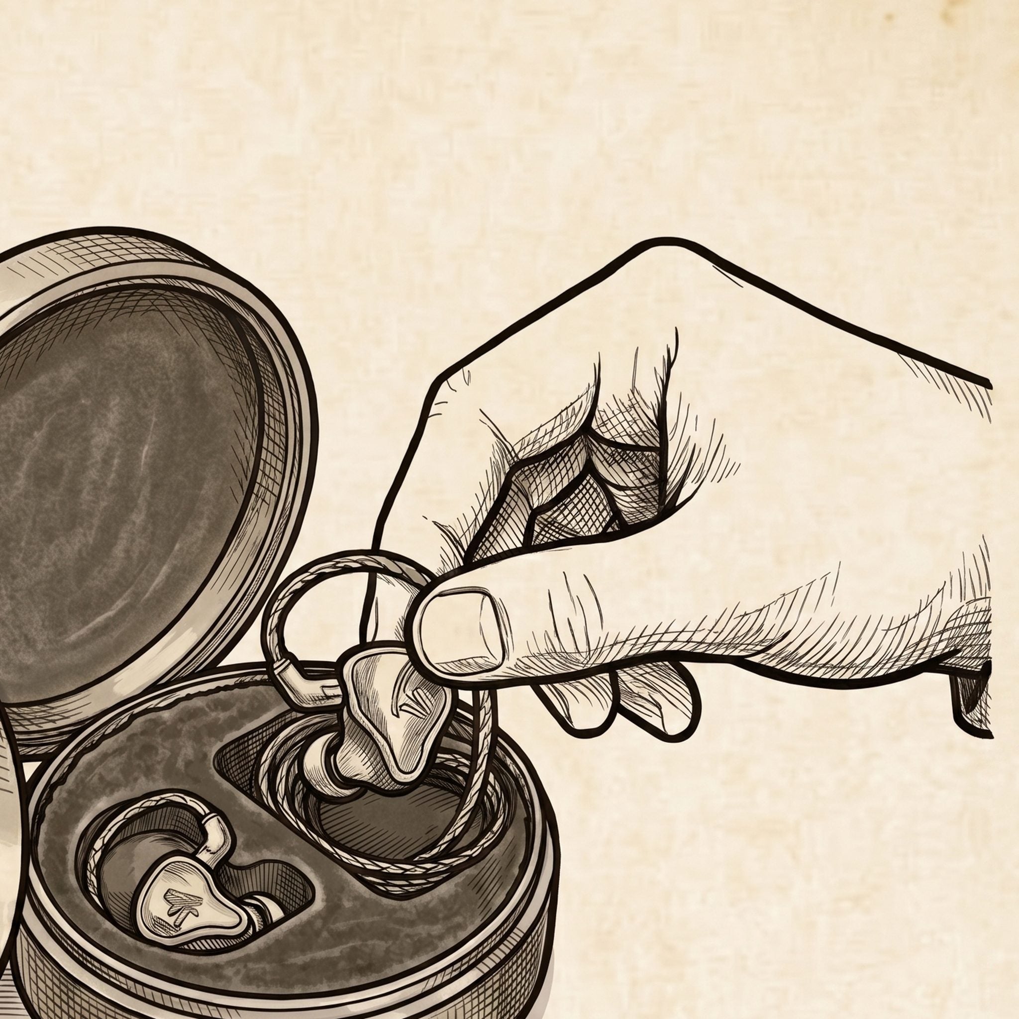 Illustration of custom in-ear monitors being placed into a protective storage case