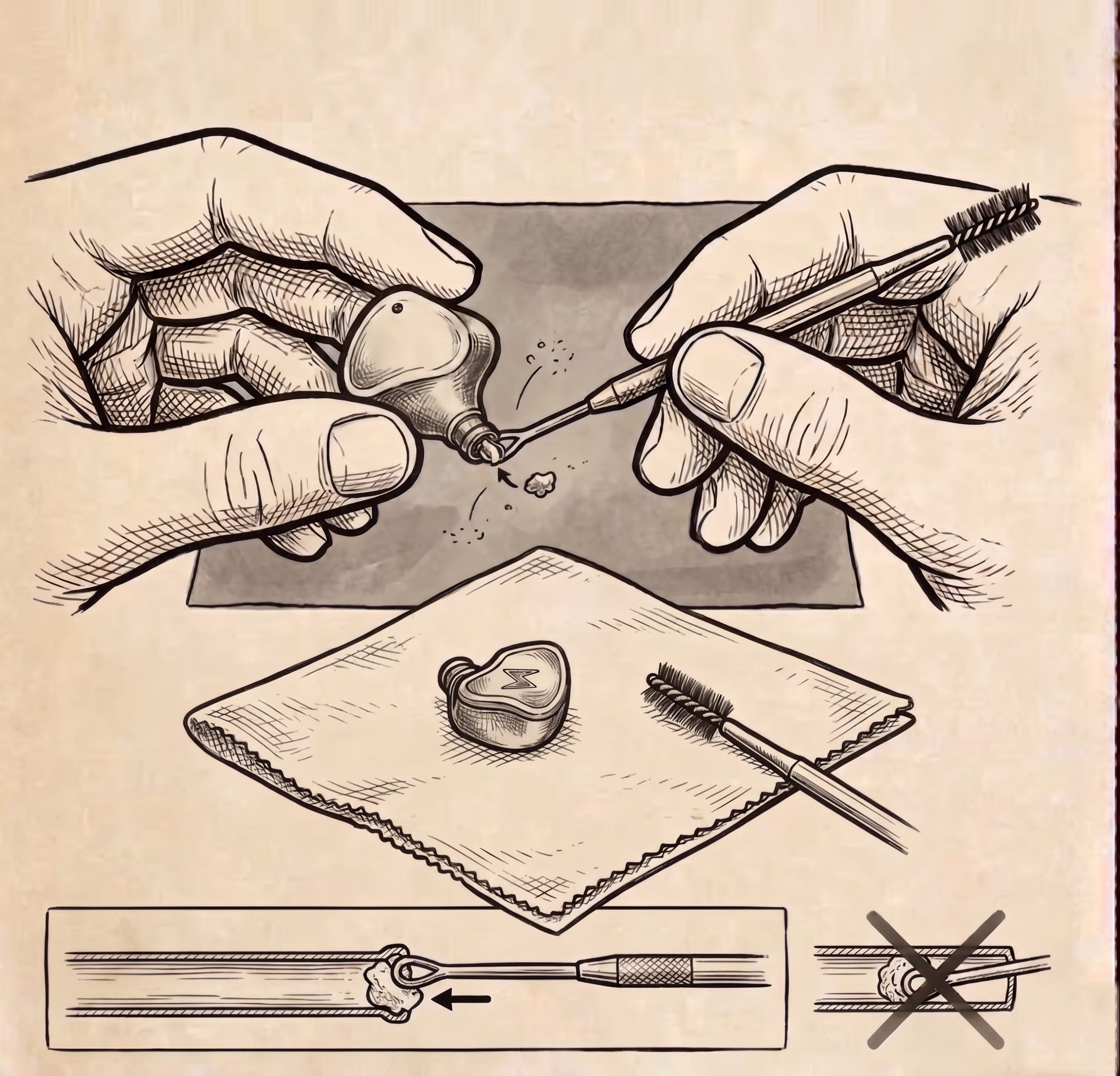 Illustration of a cleaning tool removing debris from custom in-ear monitor sound bores