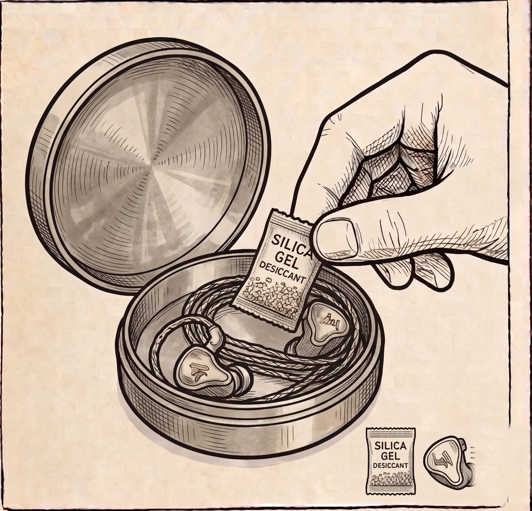 Illustration of custom in-ear monitors stored in a protective case with a desiccant pack