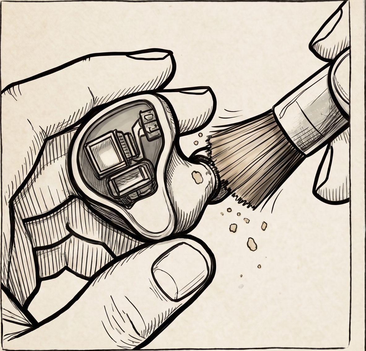 Illustration of dust being brushed from a custom in-ear monitor shell