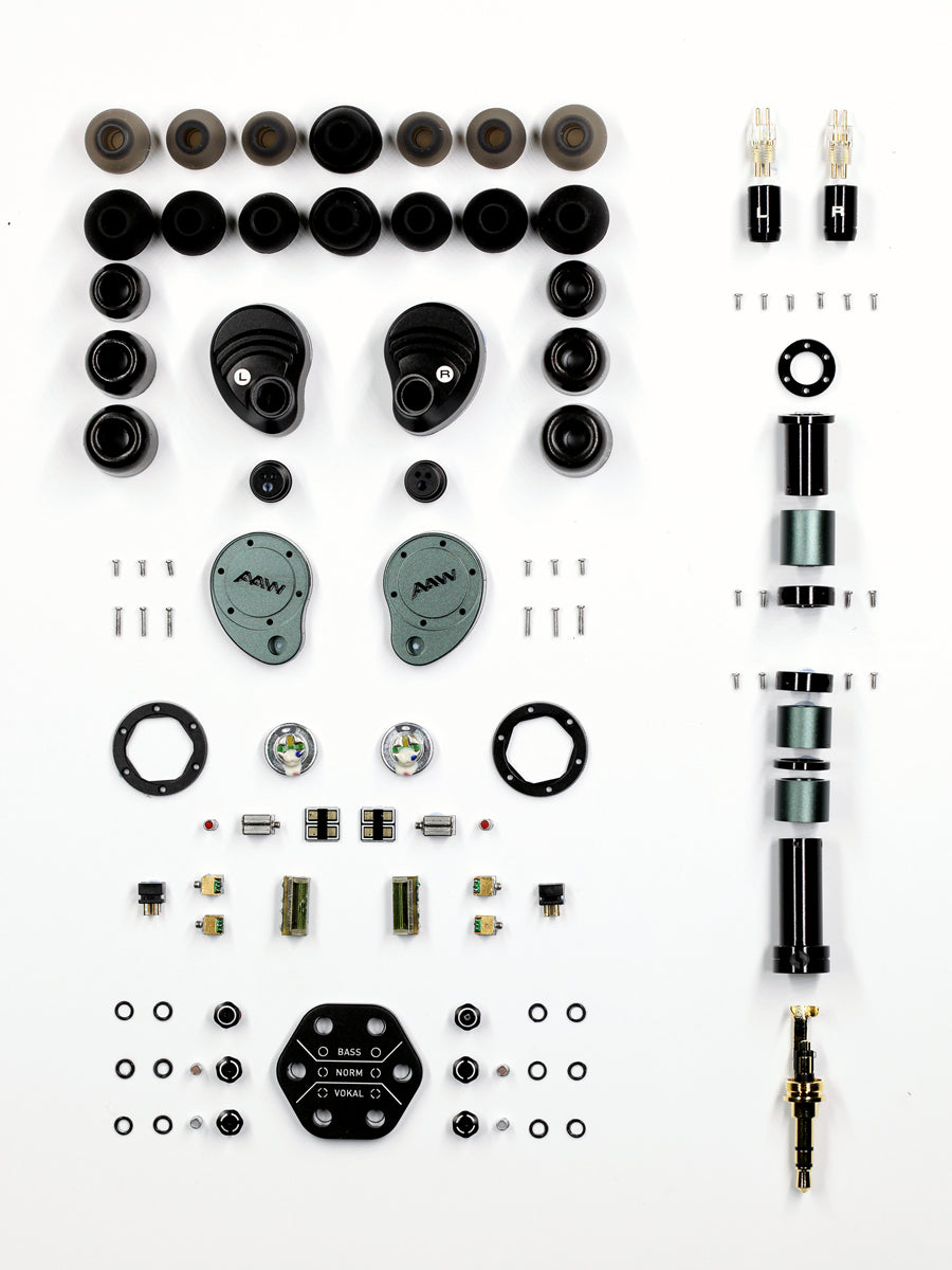 Halcyon exploded layout with shell, drivers, cable, tips, and BassFlow components