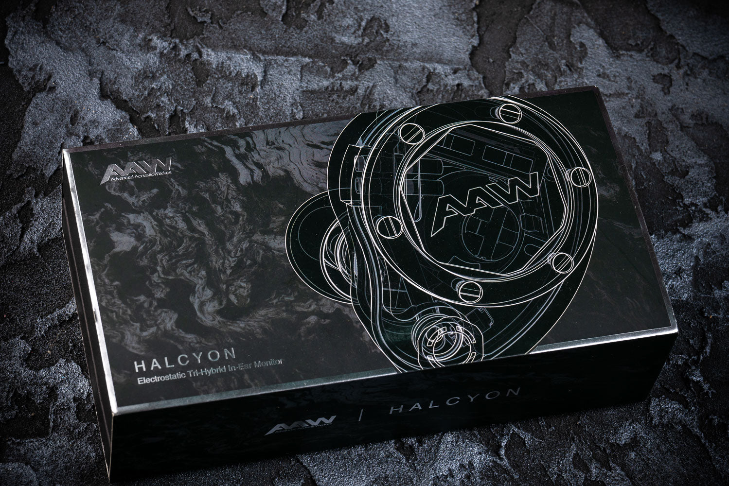 Halcyon product packaging with technical line art