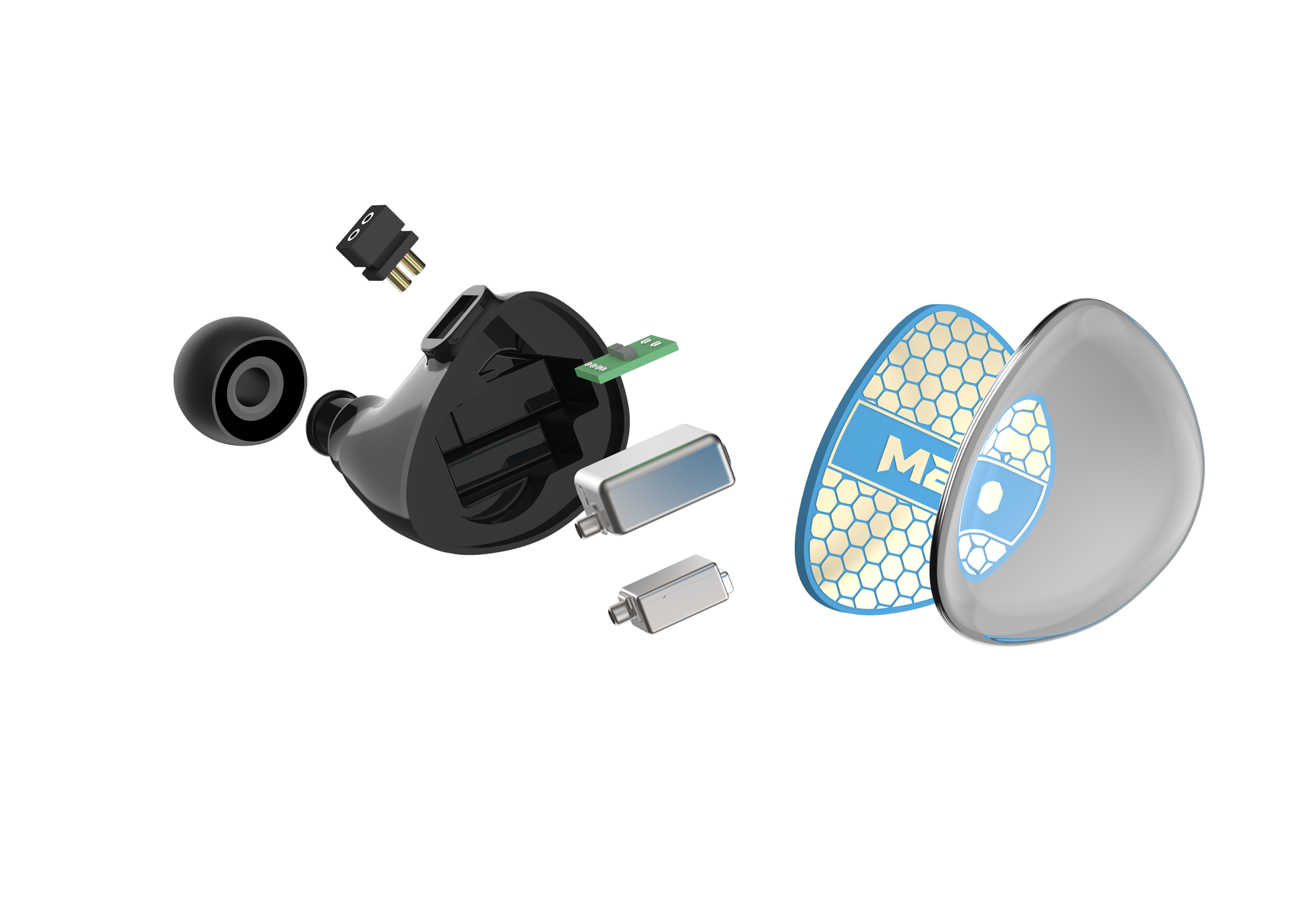 Exploded view of the AAW M20 shell, drivers, socket, faceplate, and outer shell geometry
