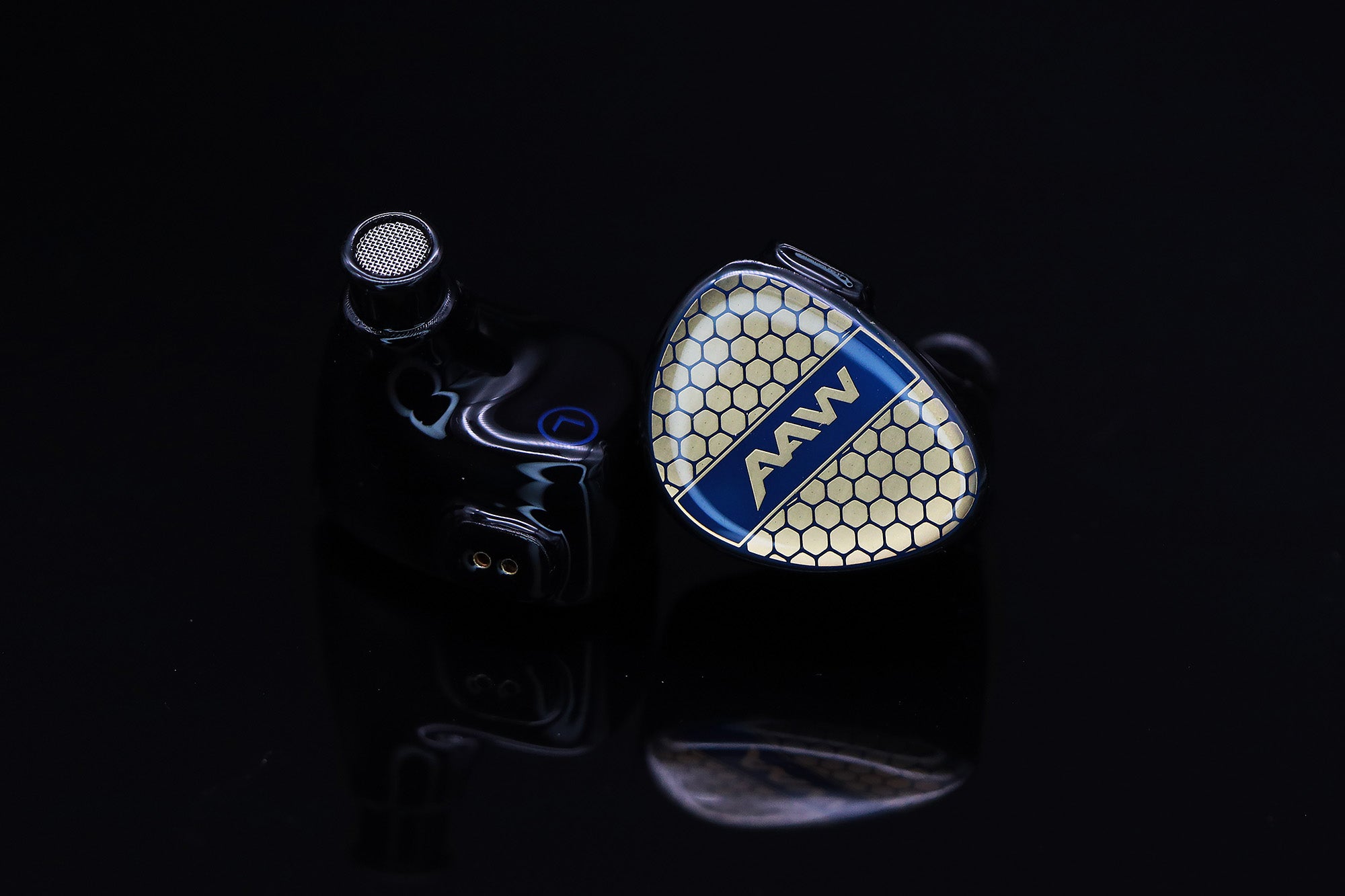 Pair of AAW M20 monitors showing M20 and AAW faceplate logos