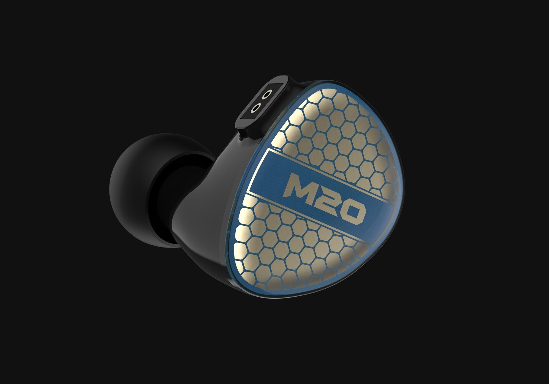 AAW M20 blue and gold honeycomb faceplate universal in-ear monitor render