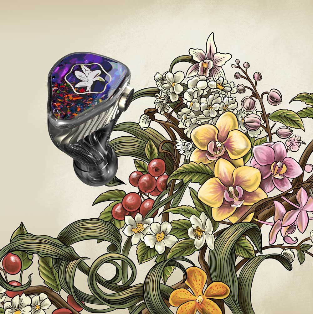 Mokara illustrated floral artwork with a Mokara monitor floating among orchids and leaves