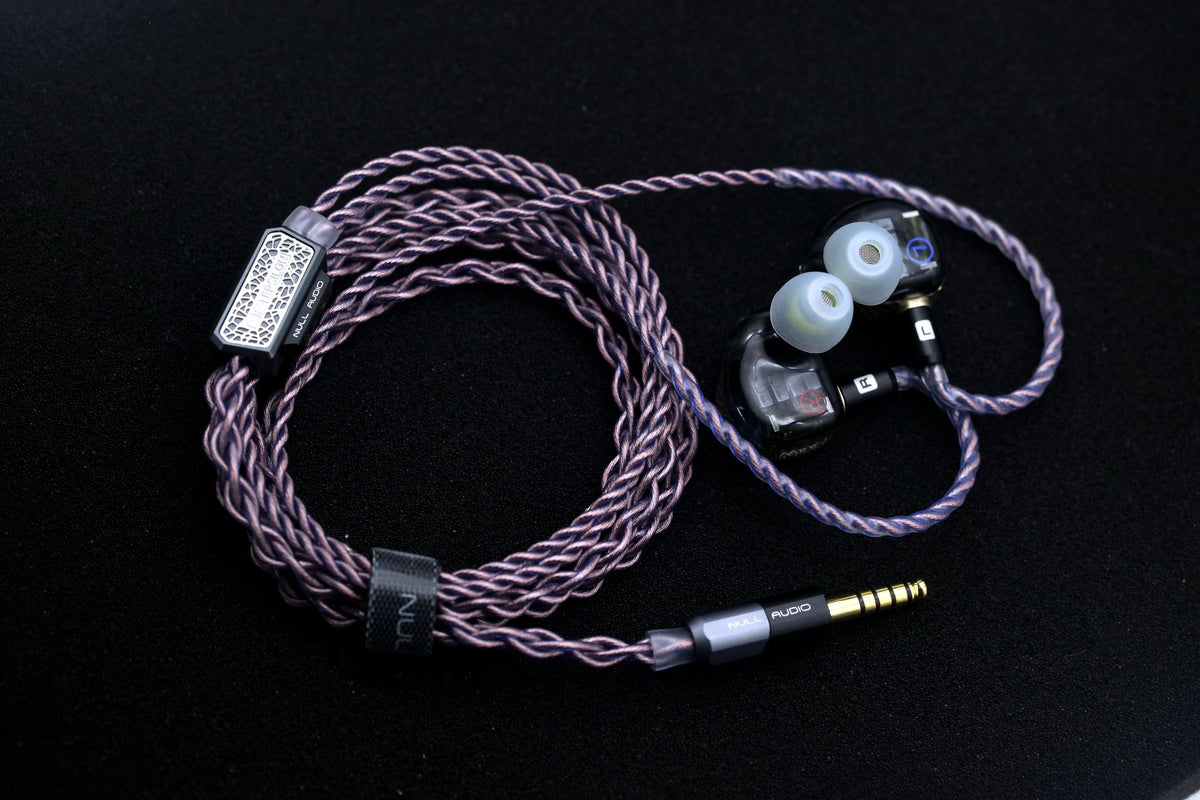 Mokara monitors with cable, splitter, ear tips, and balanced plug