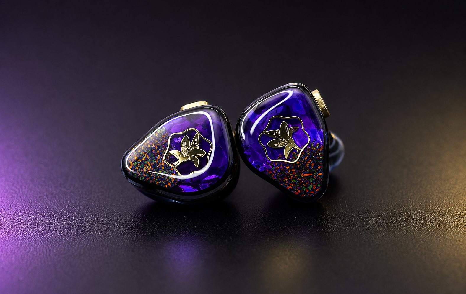 Mokara purple opal faceplates photographed on a cleaned dark studio surface