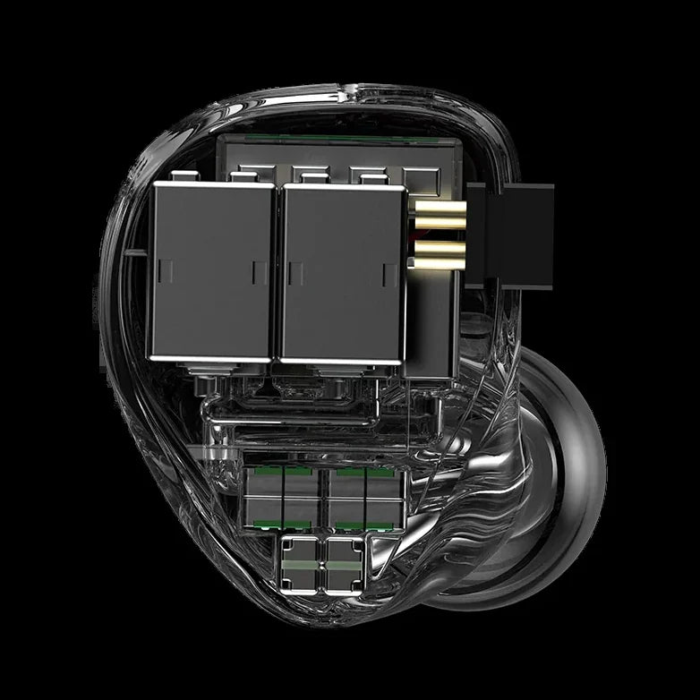 Transparent Mokara render showing the internal balanced armature and electrostatic driver architecture
