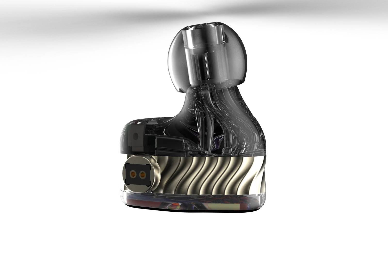 Mokara rear render showing transparent shell, acoustic channels, and metal mid-case