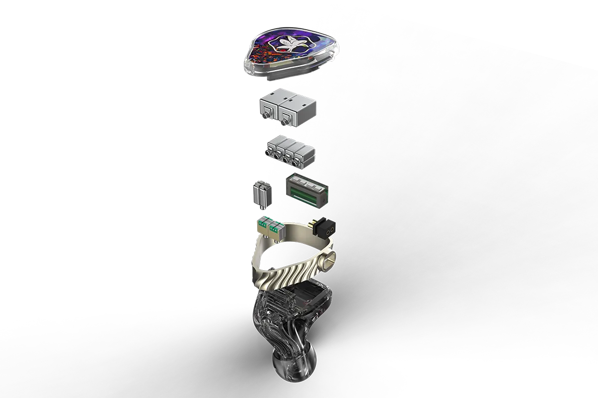 Exploded Mokara construction render showing the gemstone faceplate, driver modules, acoustic structure, shell, and nozzle