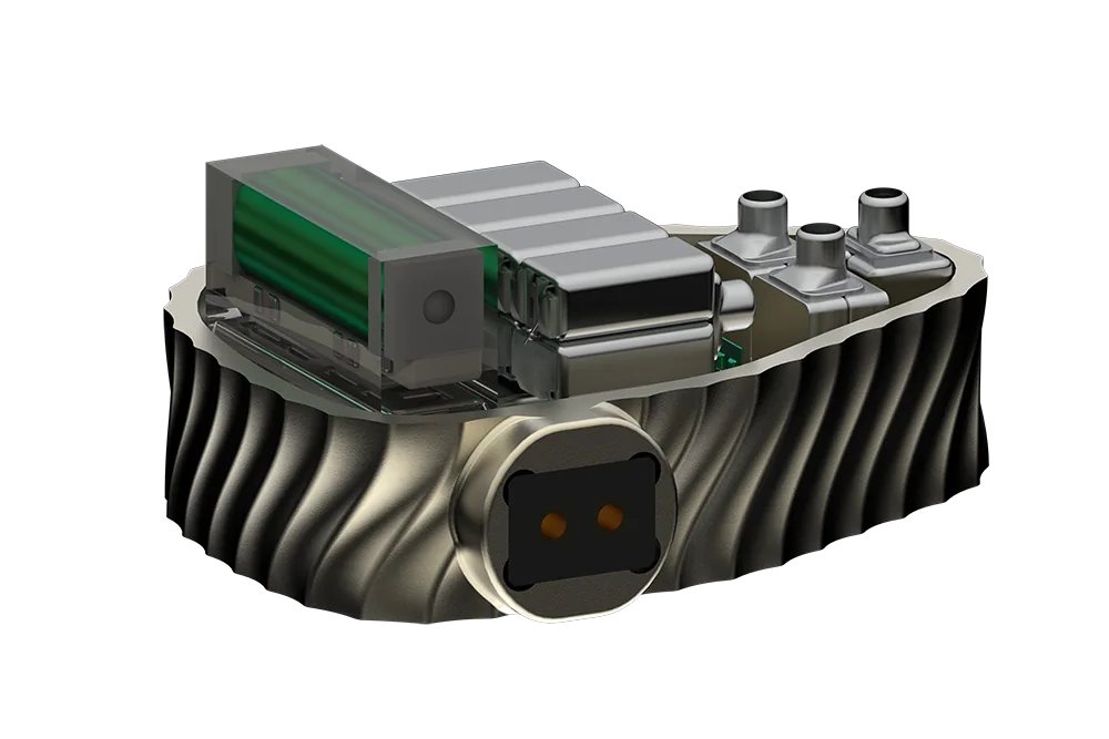 Mokara sandwich hybrid enclosure render showing the machined aluminum mid-case and internal modules