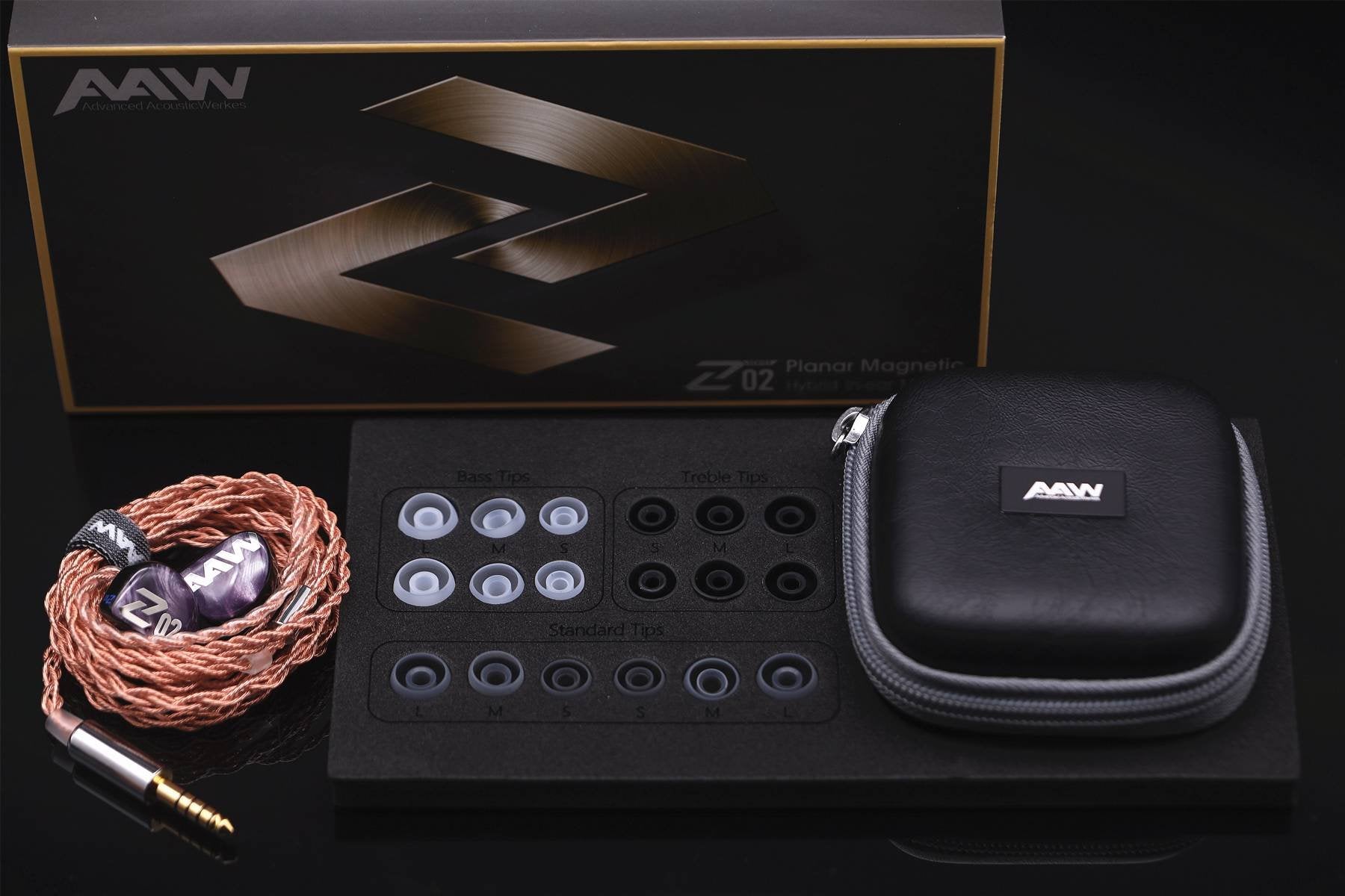 AAW Z02 package with detachable cable, ear tips, and carrying case
