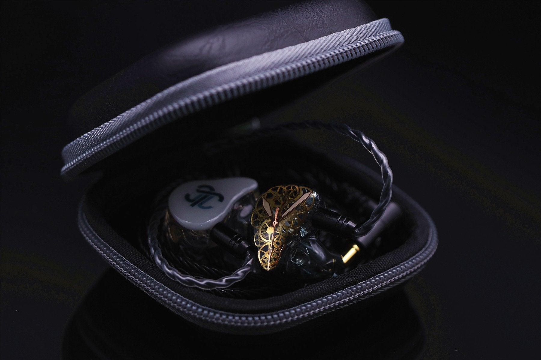 AAW carrying case open with in-ear monitors and cable inside