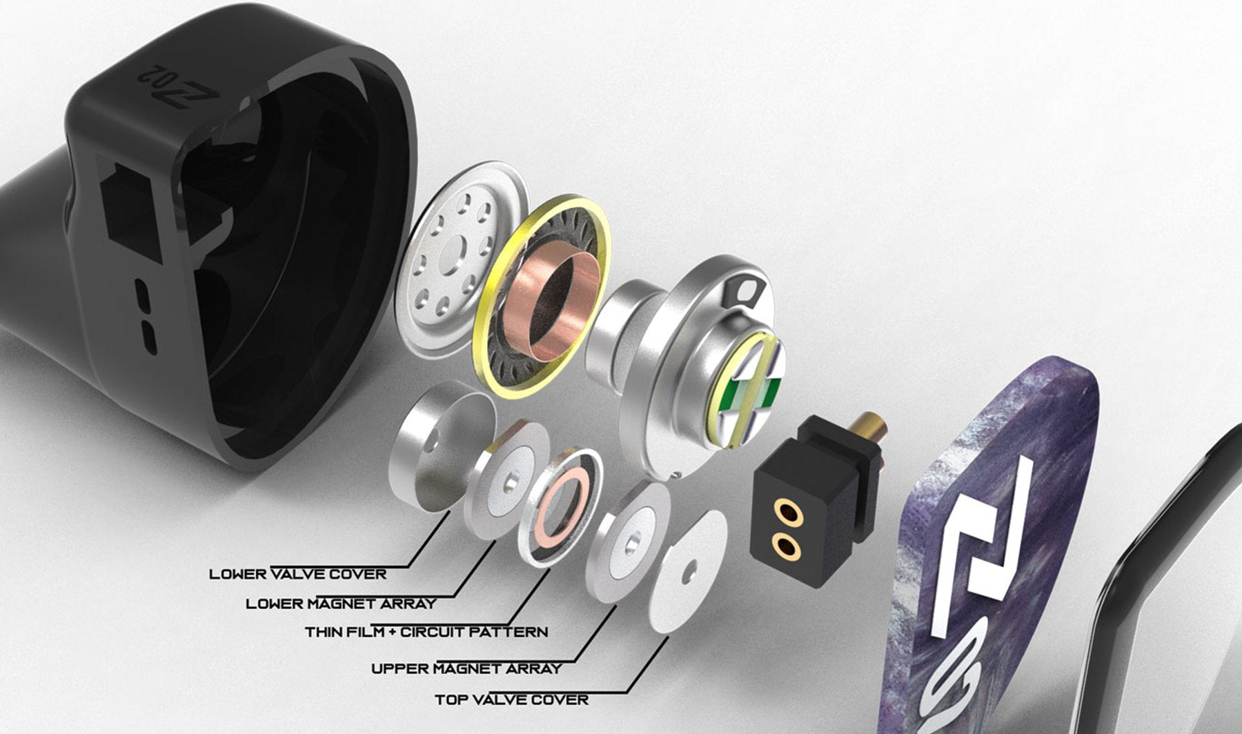 AAW Z02 driver diagram with miniature planar tweeter assembly and shell components