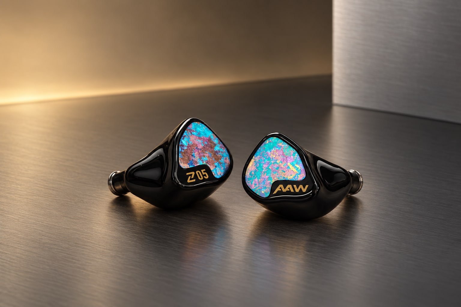 AAW Z05 pair with ice-crystal titanium faceplates, three-quarter view