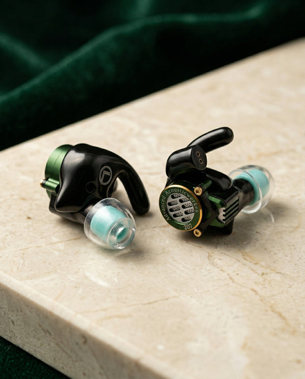 AAW Z07 universal in-ear monitors on beige marble